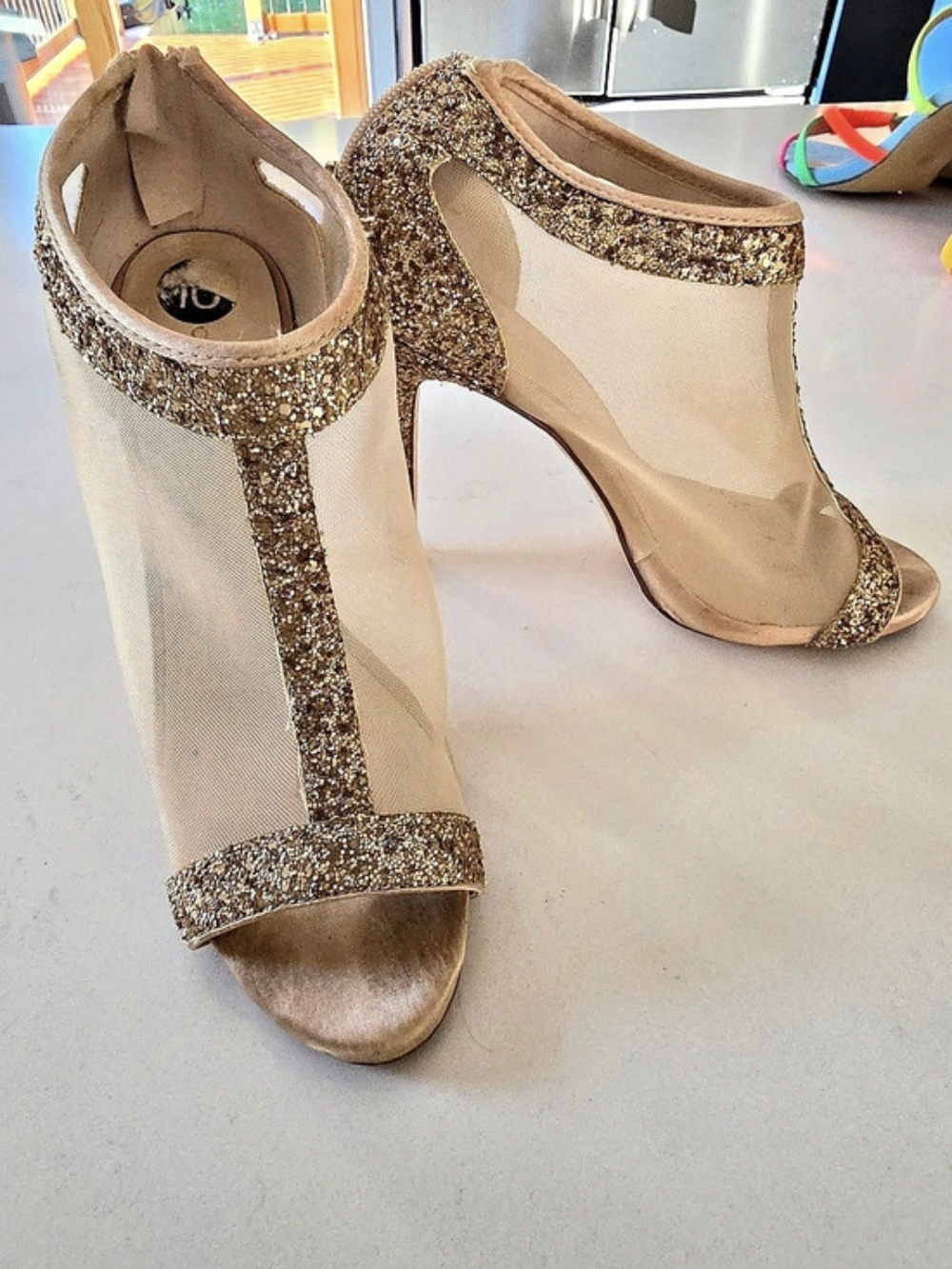 Gold Sequin Ankle Strap Heels US 10 LeChateau